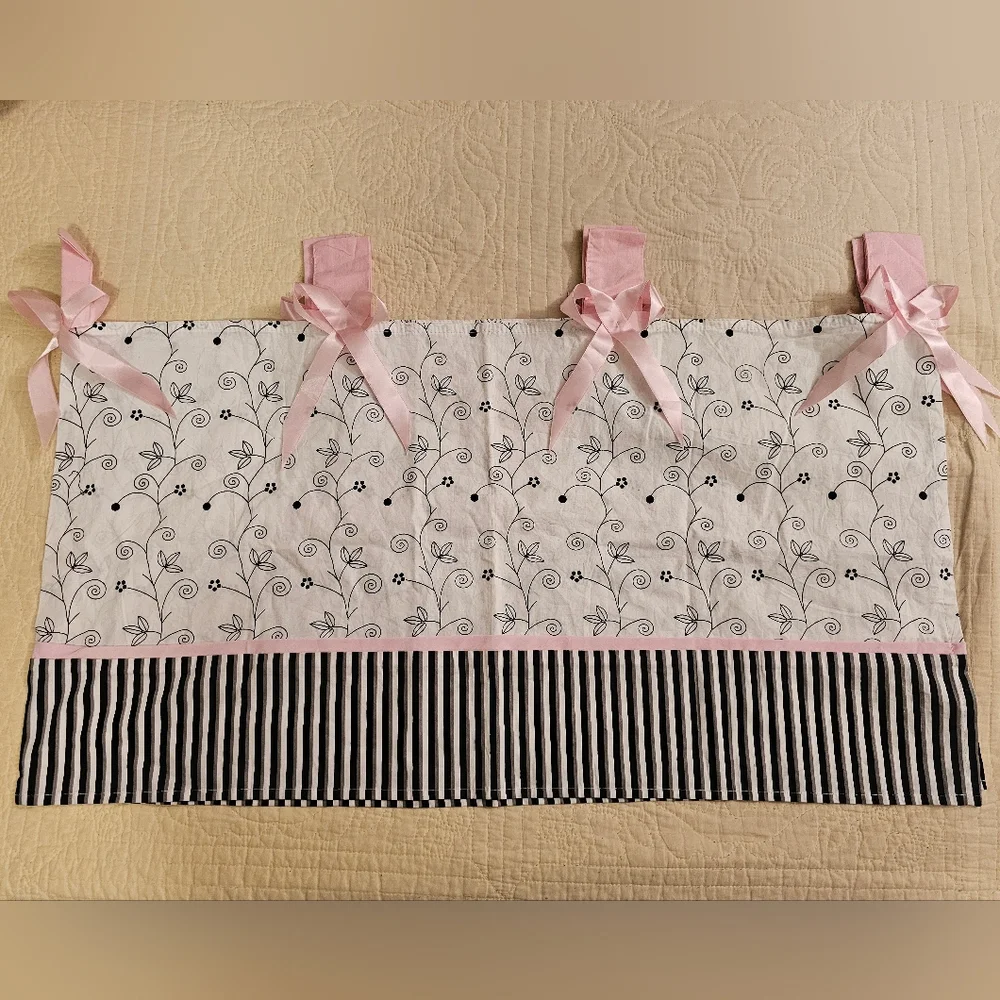 Black & White Floral Curtain Valance with Pink Ribbon Bow Ties